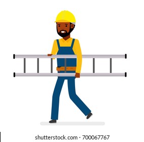 Construction worker with ladder. Isolated against white background. Vector illustration. African American people. Cartoon flat style.