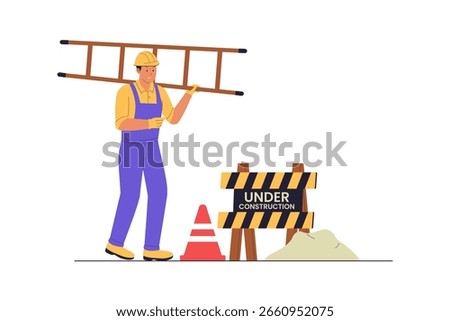 Construction Worker with Ladder and Under Construction Sign Illustration. Illustrations for websites, landing pages, mobile apps, posters and banners