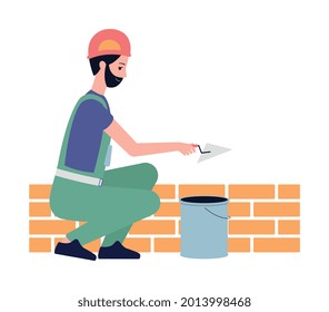 Construction Worker Laying Bricks - Cartoon Builder Man In Uniform Building Brick Wall And Using Spade Trowel To Lay Mortar For Bricklaying, Isolated Vector Illustration.