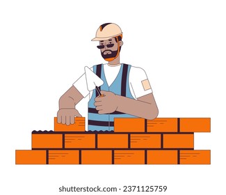 Construction worker laying bricks line cartoon flat illustration. African american male home builder 2D lineart character isolated on white background. Building site scene vector color image
