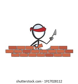 Construction worker laying bricks. Vector simple stickman. Building installing red bricks house. no face clipart cartoon. Hand drawn. Doodle sketch job, graphic illustration