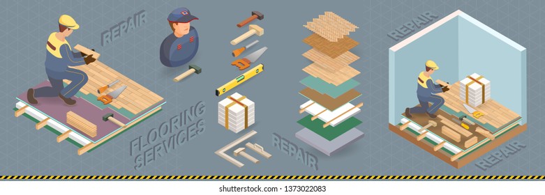 The construction worker is laying parquet on prepared lined insulated base of the premises. Builder in uniform holds a wooden parquet. Floor installer. Vector flat isometric  illustration.