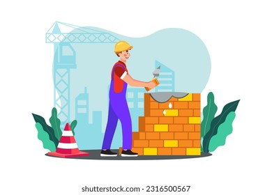 Un trabajador de la construcción pone ladrillos para construir una pared robusta.