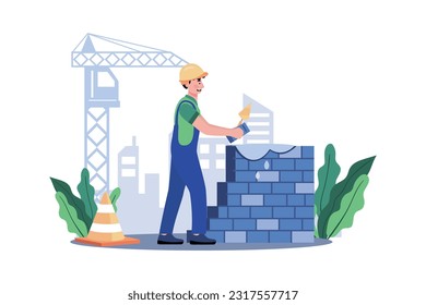 Construction worker lays bricks for sturdy wall.