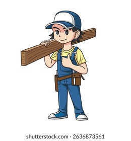 Construction Worker Lifting Log, cartoon carpenter, vector illustration.
