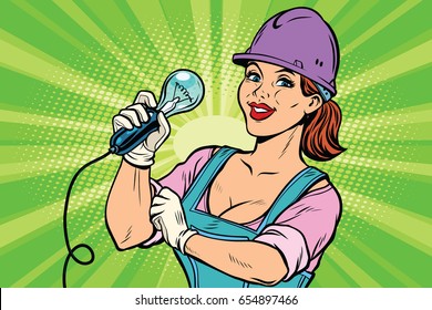 Construction worker with light bulb. Woman professional