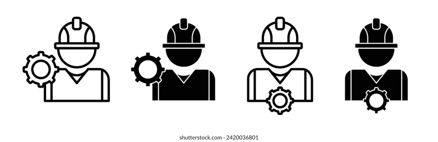 Icono de línea del trabajador de construcción. Constructor con icono de casco de seguridad en color blanco y negro.