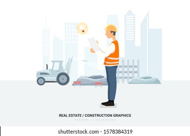 A construction worker looking at a blueprint / paper. Create a unique illustration for a website, application, or presentation