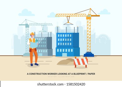 A construction worker looking at a blueprint / paper. Create a unique illustration for a website, application, or presentation