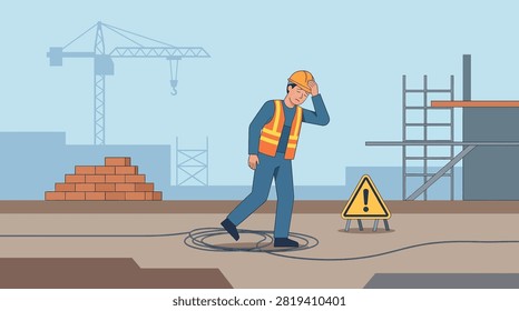 Construction worker looking distressed near a coiled cable and warning sign on a building site, highlighting workplace hazards.