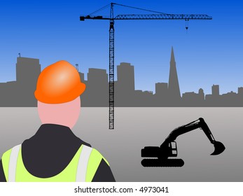 Construction worker with machinery and crane at San francisco building site
