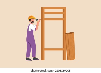 Construction worker making a door installation. Construction and building concept. Flat vector illustrations isolated. 