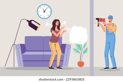 Construction worker making noise repair neighbour concept. Vector graphic design illustration element