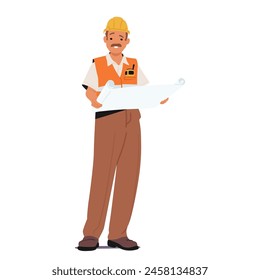 Personaje Masculino Del Trabajador De La Construcción En Un Chaleco De Seguridad Naranja Y Sombrero Duro Amarillo, Sosteniendo Planos Y Revisando Planes O Especificaciones Para Un Proyecto De Construcción. Ilustración vectorial de Personas de dibujos animados