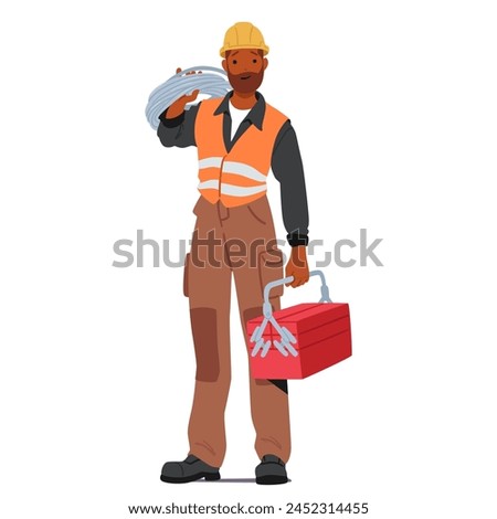 Construction Worker Male Character in Uniform Stands Tall, Holding Toolbox In Hand and Wires on Shoulder, Ready To Tackle The Tasks With Diligence And Skill. Cartoon People Vector Illustration