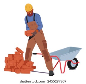 Construction Worker Male Character Wearing Workwear, Helmet, And Gloves Protection, Carrying Bricks In A Wheelbarrow. Black Man Builder Working on Construction Site. Cartoon People Vector Illustration