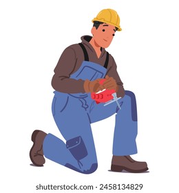 Construction Worker Male Character Wearing Overalls And A Yellow Hard Hat Working with jigsaw Tool, Engaged In Carpentry Or Finishing Work On A Building Project. Cartoon People Vector Illustration