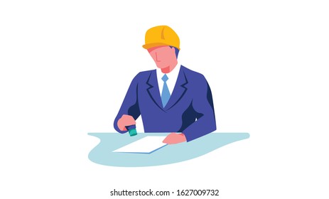 Construction worker man character stamping a documents. Flat vector illustration. Cartoon style for motion animation

