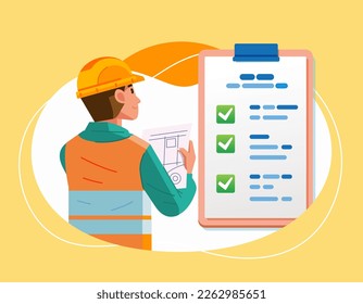 Bauarbeiter mit markierter Checkliste auf der Zwischenablage Erfolgreiche Ausführung der Aufgaben Ziel Flache Vektorgrafik