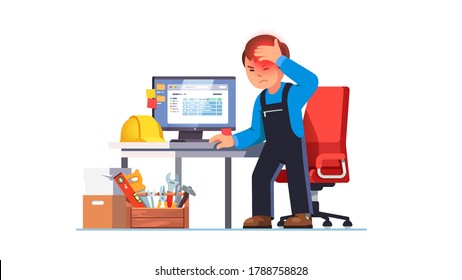 Construction Worker Man Suffering Sudden Brain Stroke Attack At Workplace Next To Computer Work Office Desk. Cerebral Hemorrhage Or Ischemic Seizure. Flat Vector Contractor Character Illustration