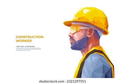 Bauarbeiter-Mann, der eine Uniform, Brille und Gelbes Sicherheitshelm trägt. Builder in Hard Hat. Polygonale Vektorgrafik einzeln auf weißem Hintergrund. Moderner geometrischer Low-Poly-Stil.