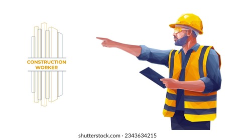 Construction Worker Man Wearing a Uniform, Glasses, and Yellow Safety Helmet. Builder in Hard Hat Holding Tablet and Pointing with a Finger. Isolated Polygonal Vector Illustration on White.