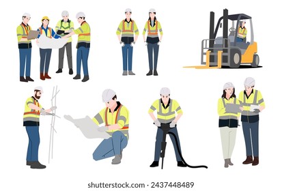 Trabajador de la construcción hombre mujer conjunto diseño plano