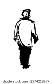 Construction worker man in work clothes and a helmet. Full-body character. Hand-drawn sketch.