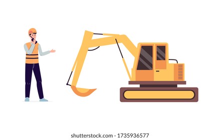 Construction worker man and yellow excavator isolated on white background - cartoon builder standing by industrial machine and talking on radio. Flat vector illustration