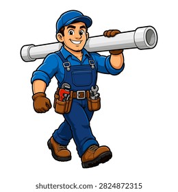Construction worker mascot carrying a long pipe for material handling on a professional building site