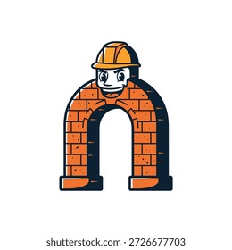 Bauarbeiter Maskottchen, Zeichentrickfigur, Baustelle, Illustration, kreatives Design, lustige Umgebung, spielerisches Konzept