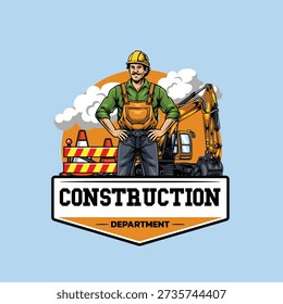 Construction Worker Mascot with Excavator and Safety Barriers Illustration
