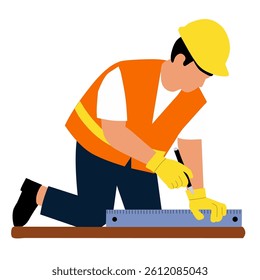 A construction worker measuring wood with a ruler while kneeling.