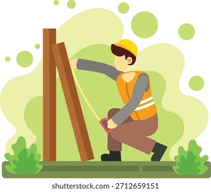 Construction worker measuring wood with tape tool illustration