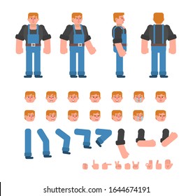 Construction worker or mechanic in blue overalls creation kit. Create your own pose or animation. Flat design vector illustration