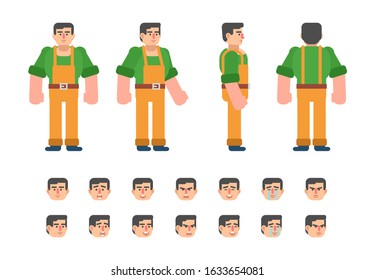 Construction worker or mechanic in yellow overalls creation kit. Create your own pose or animation. Flat design vector illustration