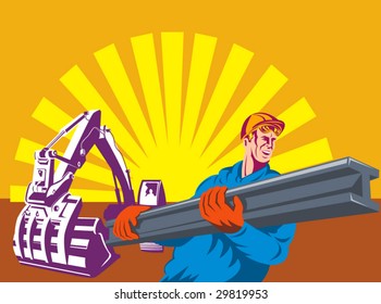 Construction worker with mechanical digger in the background