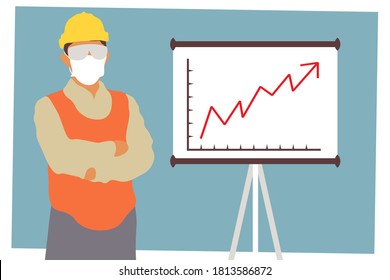 Construction worker with medical mask and flip chart graph. Graph showing how to reach the success in construction business after corona COVID-19 pandemic. Concept illustration. EPS10.