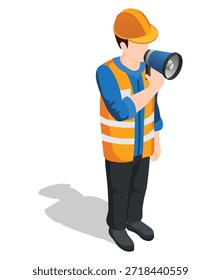 Trabajador de la construcción con el megáfono en el fondo blanco