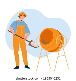 Construction Worker Mixing Cement In Tool Vector. Builder Filling Cement With Shovel In Mixer, Working Prepare Concrete In Building Equipment. Character Man Professional Occupation Cartoon