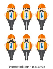 construction worker mustache guy full body avatar picture portrait set