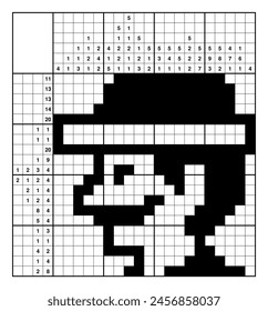 Construction worker with mustache in construction helmet. Nonogram, japanese crossword, educational game. Black and white, 20x20. Logical solution. Structured customizable EPS.