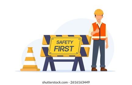 Construction worker next to a safety first sign and traffic cone. Perfect for construction safety, workplace guidelines, and industrial themes.