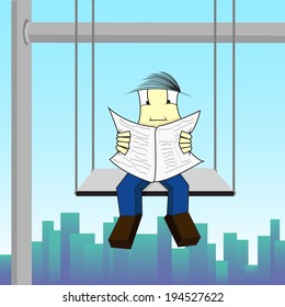 Construction worker on high, seated on a scaffold and reading a newspaper. Construction worker reading a newspaper