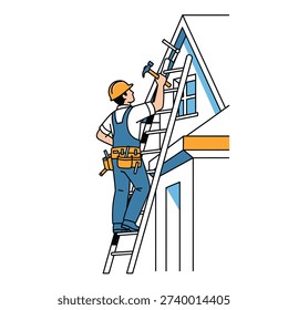 Construction worker on a ladder repairing the roof and facade of a house.
