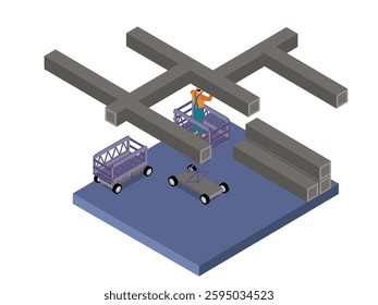 Construction Worker on Scaffolding Assembling Steel Structure 3d flat vector illustrations