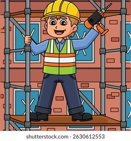 Trabalhador de construção em um andaime colorido 