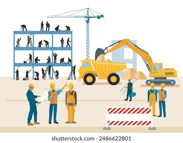 Trabajador de construcción en el sitio de construcción, ilustración