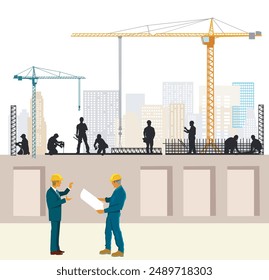 Construction worker on the construction site, illustration