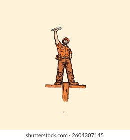 Construction Worker on Wooden Beam Holding Wrench - Symbolizing Strength, Labor, and Pride in Hardworking Industrial Themes